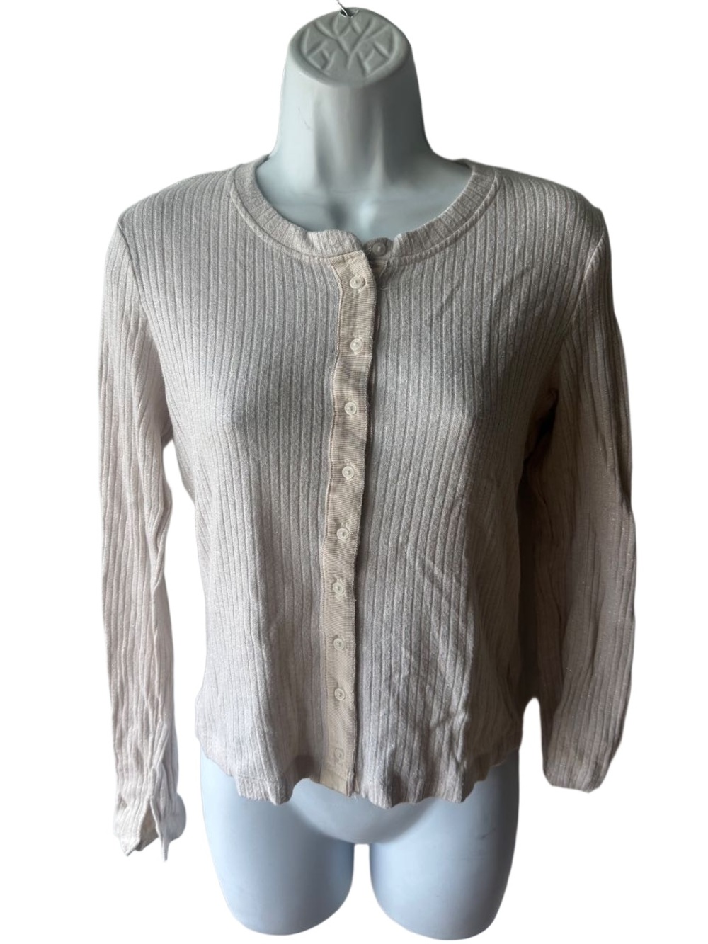 Aerie Cream Ribbed Cardigan Size M Button Front Crew Neck Cozy Sweater
